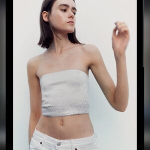 Zara Light Gray Rhinestone Strapless Crop Top